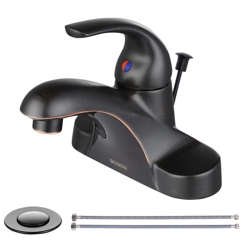 WOWOW Single Handle Commercial Bathroom Faucet Oiled Rubbed Bronze 4 inch Centerset Bathroom Basin Sink Faucets One Handle Vanity Faucets Basin Mixer Tap with Lift Rod Drain Assembly - Image 1